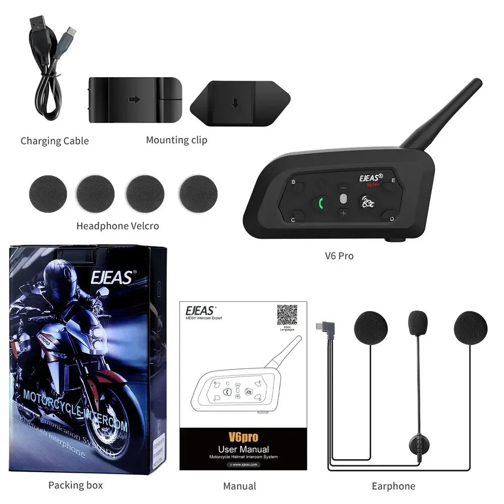 EJEAS V6 PRO+ Bluetooth Motorcycle Helmet Intercom Headset with 1200M BT Interphone Communicator for 6 Riders Waterproof